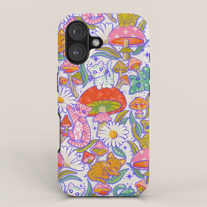 Kittens & Shrooms - Rainbow & Indigo on White iPhone Case Gallery Image 1