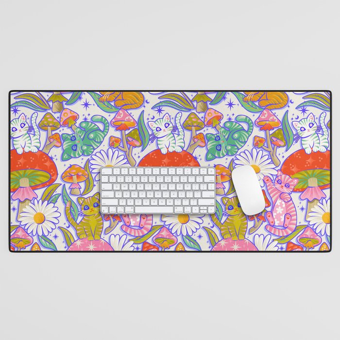 Kittens & Shrooms - Rainbow & Indigo on White Desk Mat Gallery Image 1