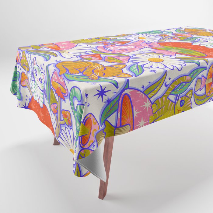 Kittens & Shrooms - Rainbow & Indigo on White Tablecloth Gallery Image 1