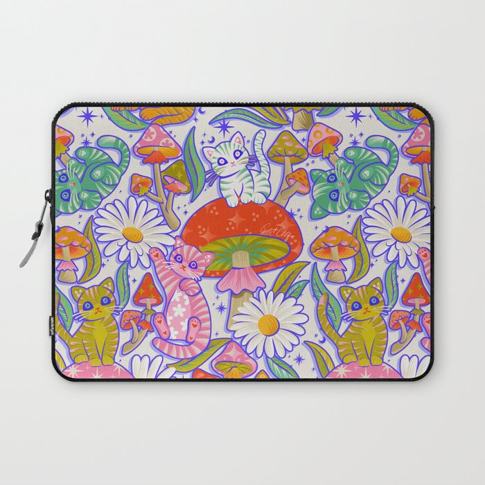 Kittens & Shrooms - Rainbow & Indigo on White Laptop Sleeve Gallery Image 1