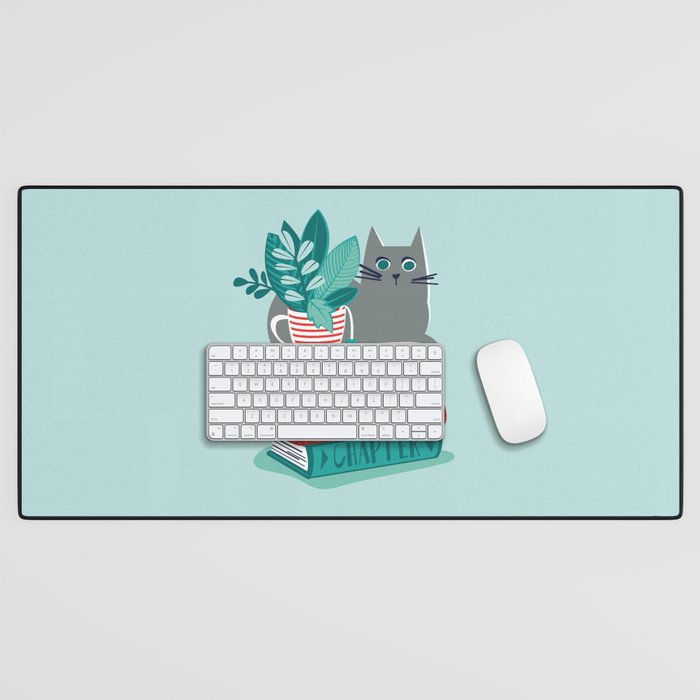 One more chapter // aqua background grey cat striped mug with plants red green and yellow books  Desk Mat Gallery Image 1