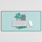 One more chapter // aqua background grey cat striped mug with plants red green and yellow books  Desk Mat Gallery Image 1
