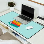 One more chapter // aqua background grey cat striped mug with plants red green and yellow books  Desk Mat Gallery Image 2