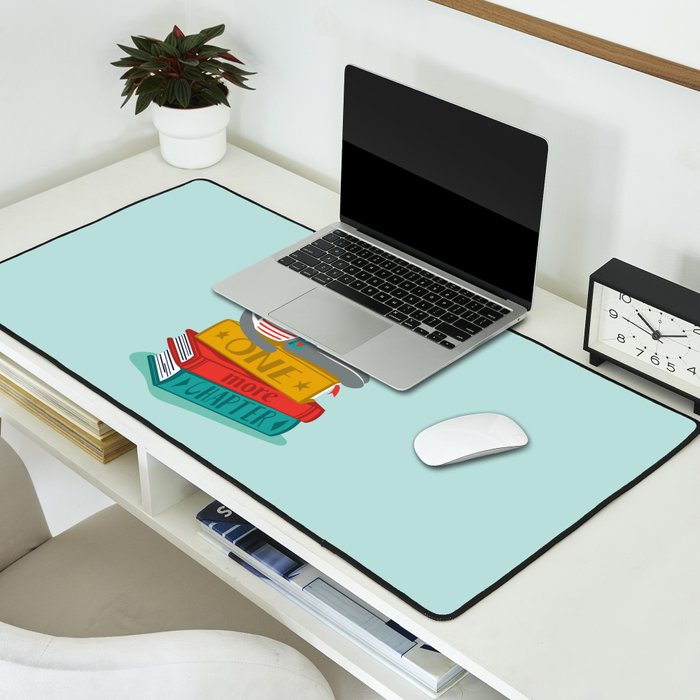 One more chapter // aqua background grey cat striped mug with plants red green and yellow books  Desk Mat Gallery Image 2