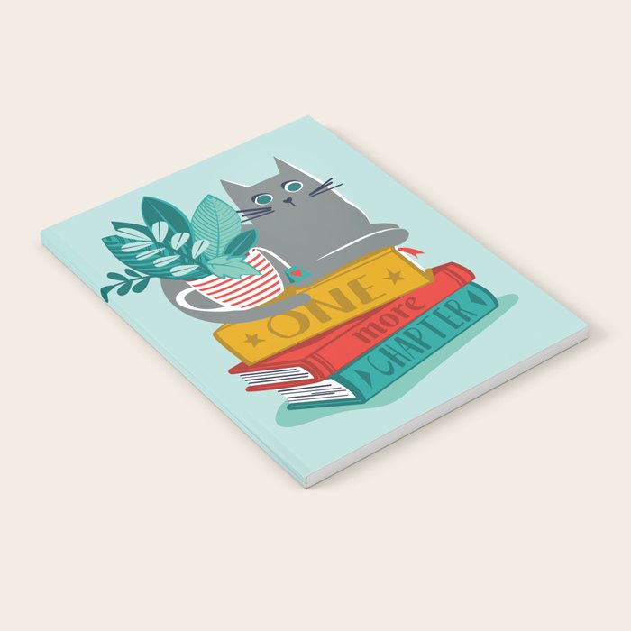 One more chapter // aqua background grey cat striped mug with plants red green and yellow books  Notebook Gallery Image 2