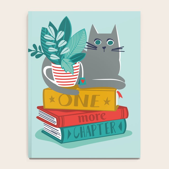 One more chapter // aqua background grey cat striped mug with plants red green and yellow books  Notebook Gallery Image 4