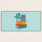 One more chapter // aqua background grey cat striped mug with plants red green and yellow books  Desk Mat Gallery Image 3