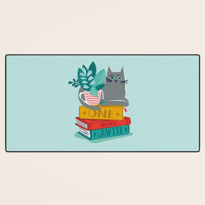One more chapter // aqua background grey cat striped mug with plants red green and yellow books  Desk Mat Gallery Image 3