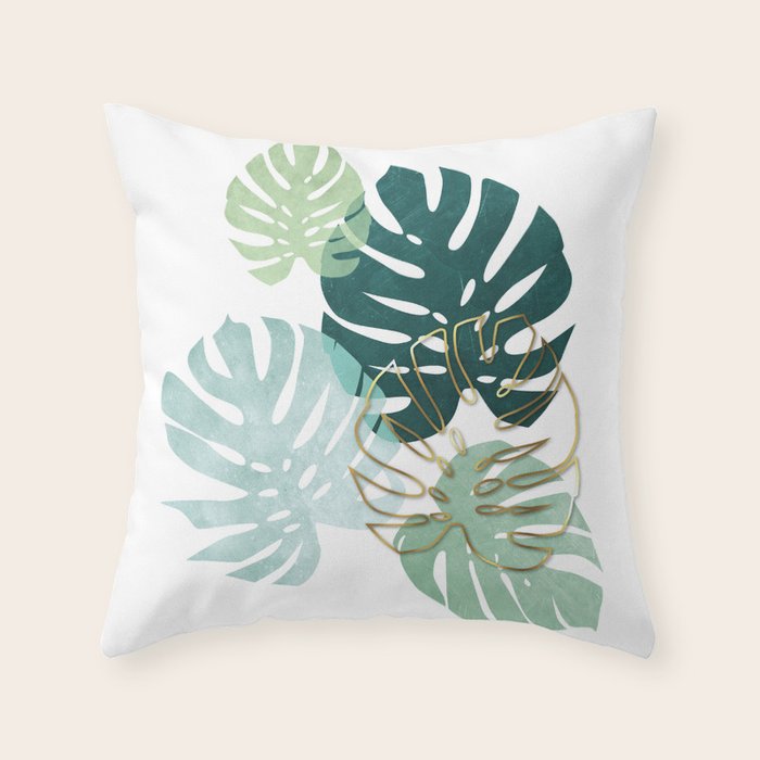 Tropical minimal / green, turquoise and gold monstera Throw Pillow Gallery Image 6