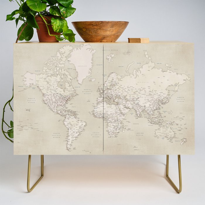 Sepia vintage world map with cities Credenza Gallery Image 1