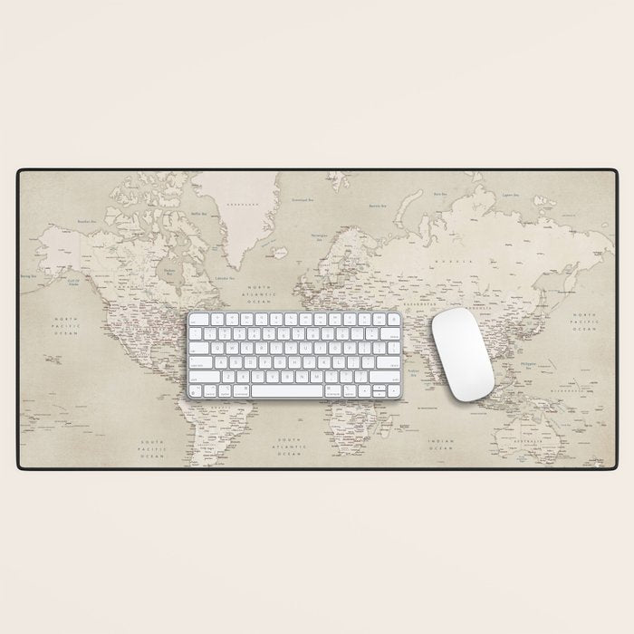 Sepia vintage world map with cities Desk Mat Gallery Image 1
