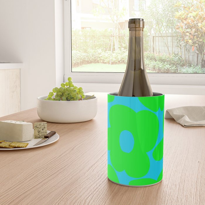 Large Retro Flowers Neon Green Petals Turquoise Background Summer Vibes #decor #society6 #buyart Wine Chiller Gallery Image 4