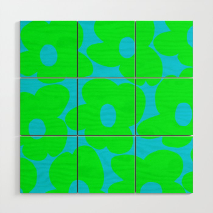 Large Retro Flowers Neon Green Petals Turquoise Background Summer Vibes #decor #society6 #buyart Wood Wall Art Gallery Image 1