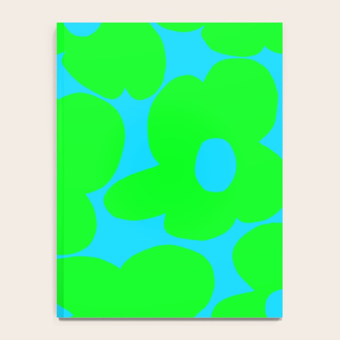 Large Retro Flowers Neon Green Petals Turquoise Background Summer Vibes #decor #society6 #buyart Notebook Gallery Image 4