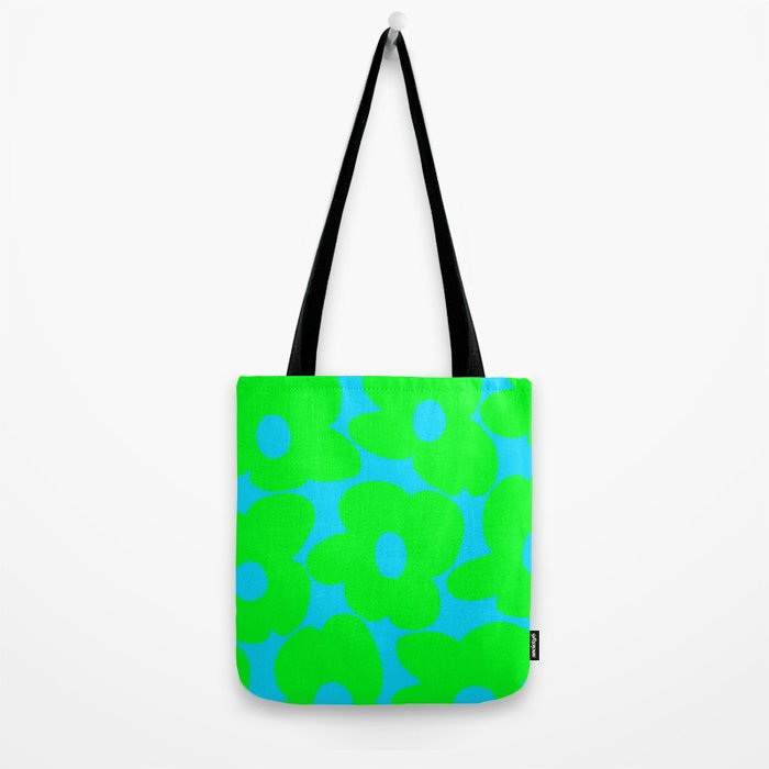 Large Retro Flowers Neon Green Petals Turquoise Background Summer Vibes #decor #society6 #buyart Tote Bag Gallery Image 2