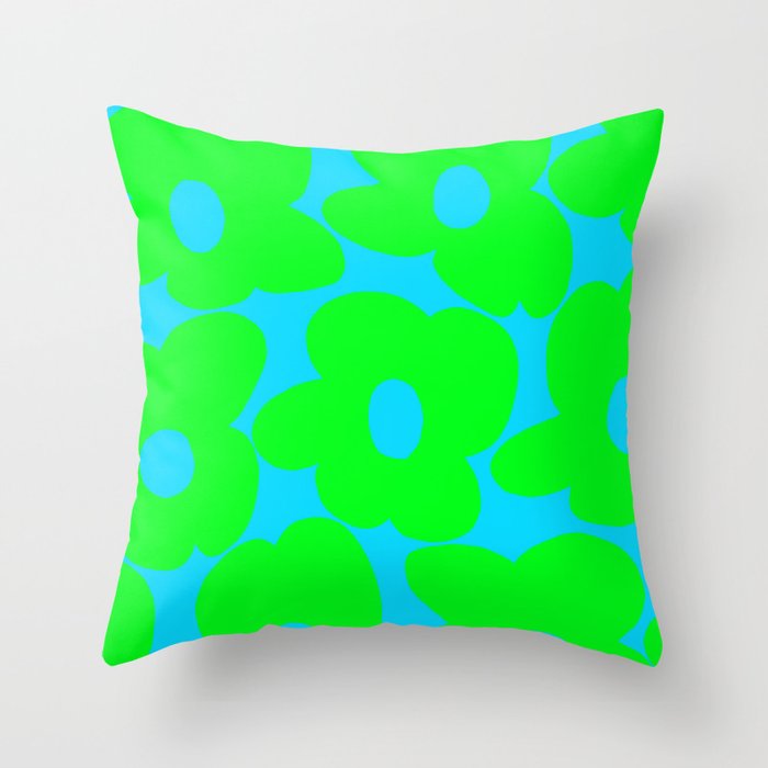 Large Retro Flowers Neon Green Petals Turquoise Background Summer Vibes #decor #society6 #buyart Throw Pillow Gallery Image 6
