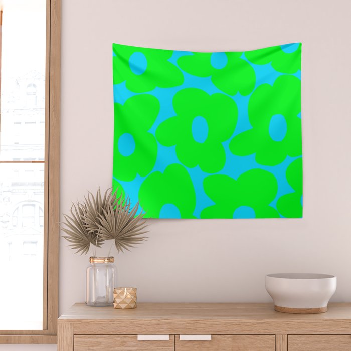 Large Retro Flowers Neon Green Petals Turquoise Background Summer Vibes #decor #society6 #buyart Wall Tapestry Gallery Image 2
