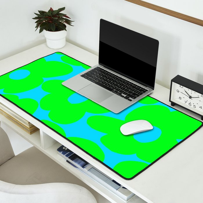 Large Retro Flowers Neon Green Petals Turquoise Background Summer Vibes #decor #society6 #buyart Desk Mat Gallery Image 2