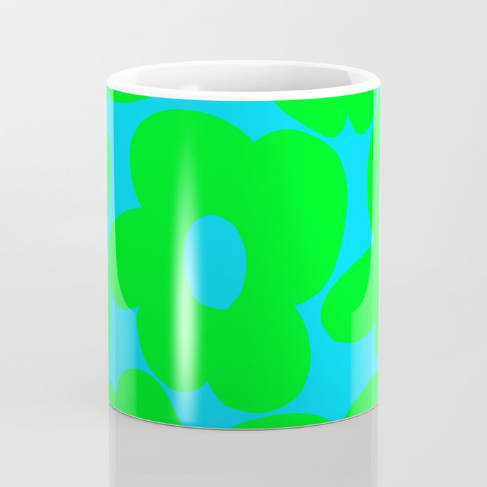 Large Retro Flowers Neon Green Petals Turquoise Background Summer Vibes #decor #society6 #buyart Coffee Mug Gallery Image 4