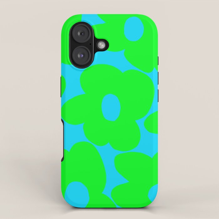 Large Retro Flowers Neon Green Petals Turquoise Background Summer Vibes #decor #society6 #buyart iPhone Case Gallery Image 1
