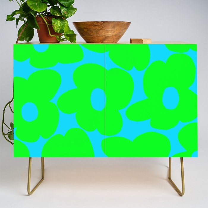 Large Retro Flowers Neon Green Petals Turquoise Background Summer Vibes #decor #society6 #buyart Credenza Gallery Image 1