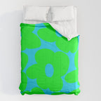 Large Retro Flowers Neon Green Petals Turquoise Background Summer Vibes #decor #society6 #buyart Comforter Gallery Image 6