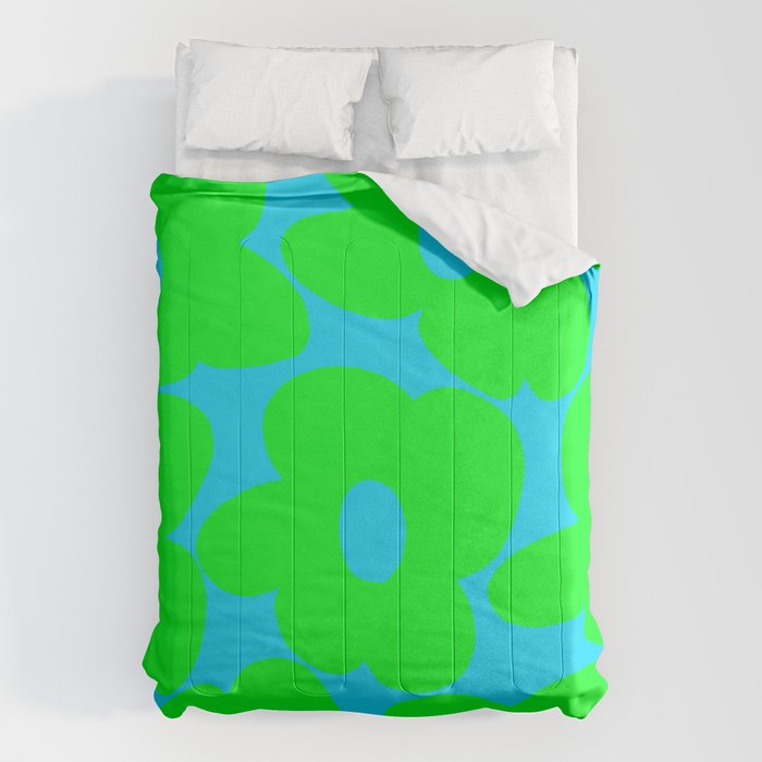 Large Retro Flowers Neon Green Petals Turquoise Background Summer Vibes #decor #society6 #buyart Comforter Gallery Image 6