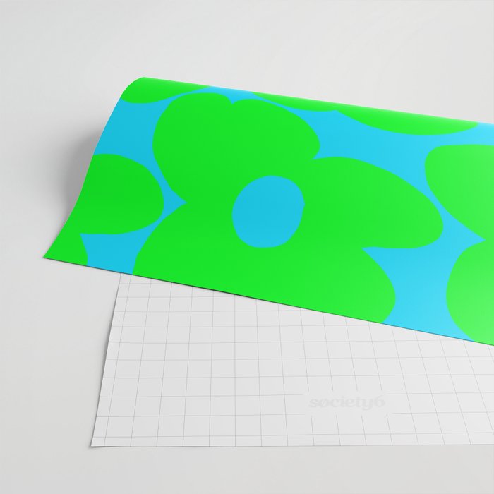 Large Retro Flowers Neon Green Petals Turquoise Background Summer Vibes #decor #society6 #buyart Wrapping Paper Gallery Image 2