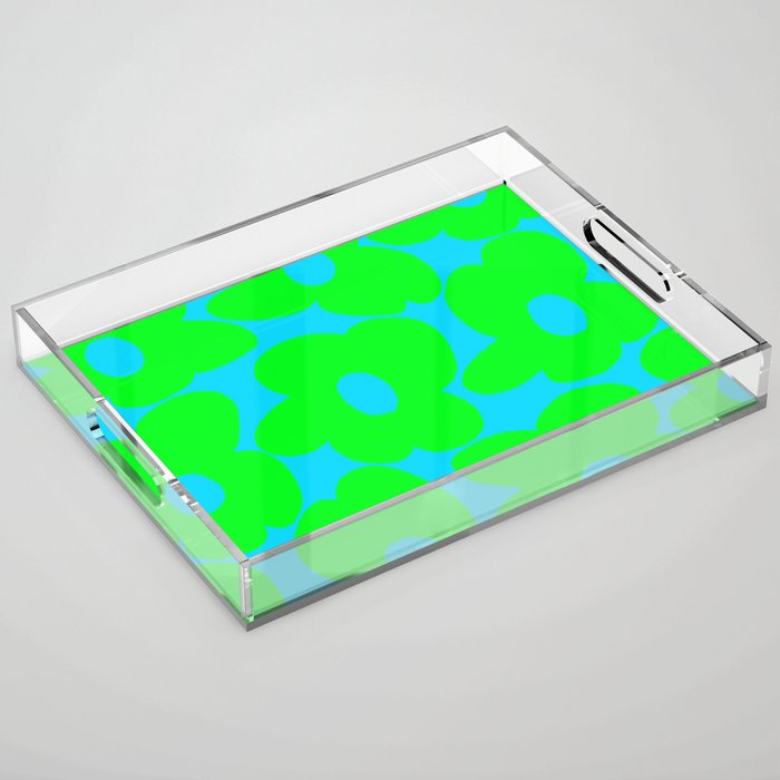 Large Retro Flowers Neon Green Petals Turquoise Background Summer Vibes #decor #society6 #buyart Acrylic Tray Gallery Image 1