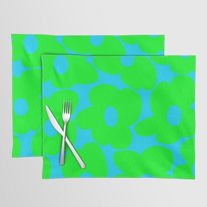 Large Retro Flowers Neon Green Petals Turquoise Background Summer Vibes #decor #society6 #buyart Placemat Gallery Image 1