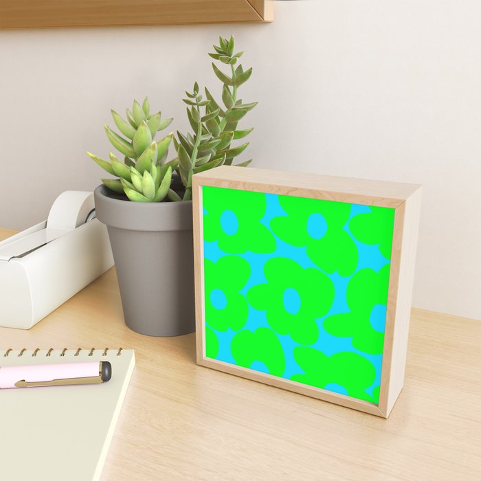 Large Retro Flowers Neon Green Petals Turquoise Background Summer Vibes #decor #society6 #buyart Mini Art Print Gallery Image 2