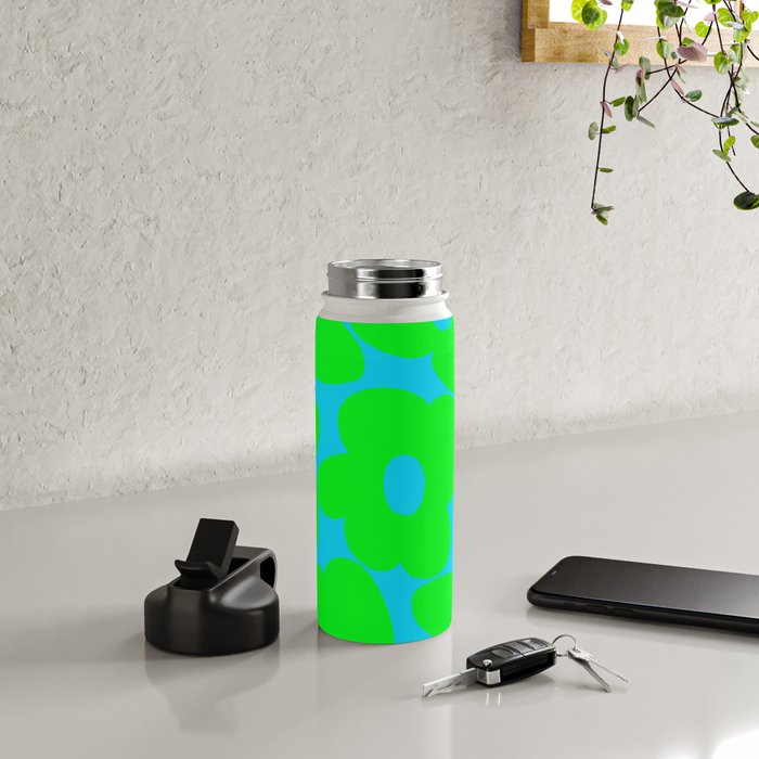 Large Retro Flowers Neon Green Petals Turquoise Background Summer Vibes #decor #society6 #buyart Water Bottle Gallery Image 4