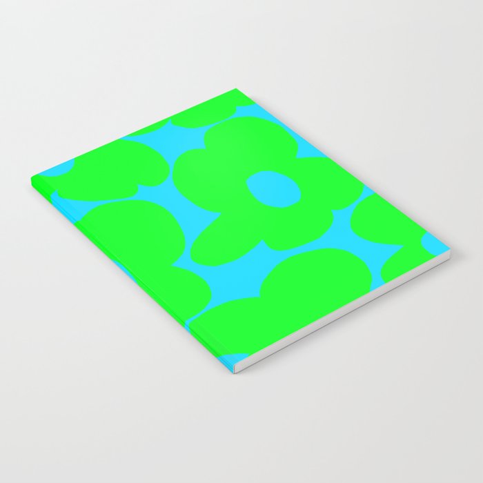 Large Retro Flowers Neon Green Petals Turquoise Background Summer Vibes #decor #society6 #buyart Notebook Gallery Image 2