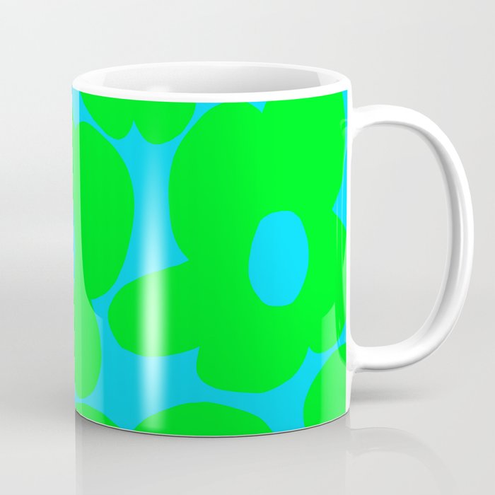 Large Retro Flowers Neon Green Petals Turquoise Background Summer Vibes #decor #society6 #buyart Coffee Mug Gallery Image 1