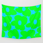 Large Retro Flowers Neon Green Petals Turquoise Background Summer Vibes #decor #society6 #buyart Wall Tapestry Gallery Image 4