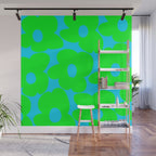 Large Retro Flowers Neon Green Petals Turquoise Background Summer Vibes #decor #society6 #buyart Wall Mural Gallery Image 1