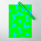 Large Retro Flowers Neon Green Petals Turquoise Background Summer Vibes #decor #society6 #buyart Wrapping Paper Gallery Image 1
