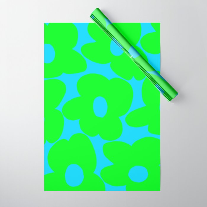 Large Retro Flowers Neon Green Petals Turquoise Background Summer Vibes #decor #society6 #buyart Wrapping Paper Gallery Image 1