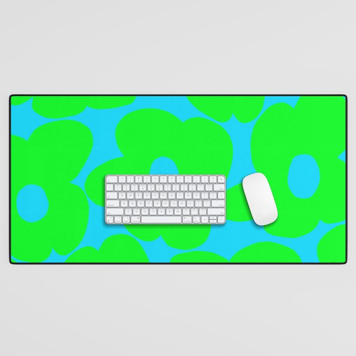 Large Retro Flowers Neon Green Petals Turquoise Background Summer Vibes #decor #society6 #buyart Desk Mat Gallery Image 1