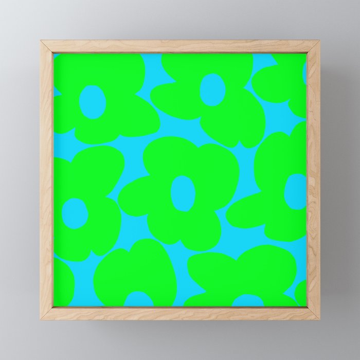 Large Retro Flowers Neon Green Petals Turquoise Background Summer Vibes #decor #society6 #buyart Mini Art Print Gallery Image 1
