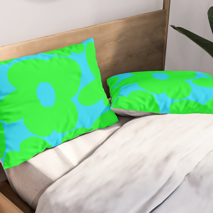 Large Retro Flowers Neon Green Petals Turquoise Background Summer Vibes #decor #society6 #buyart Pillow Sham Gallery Image 2