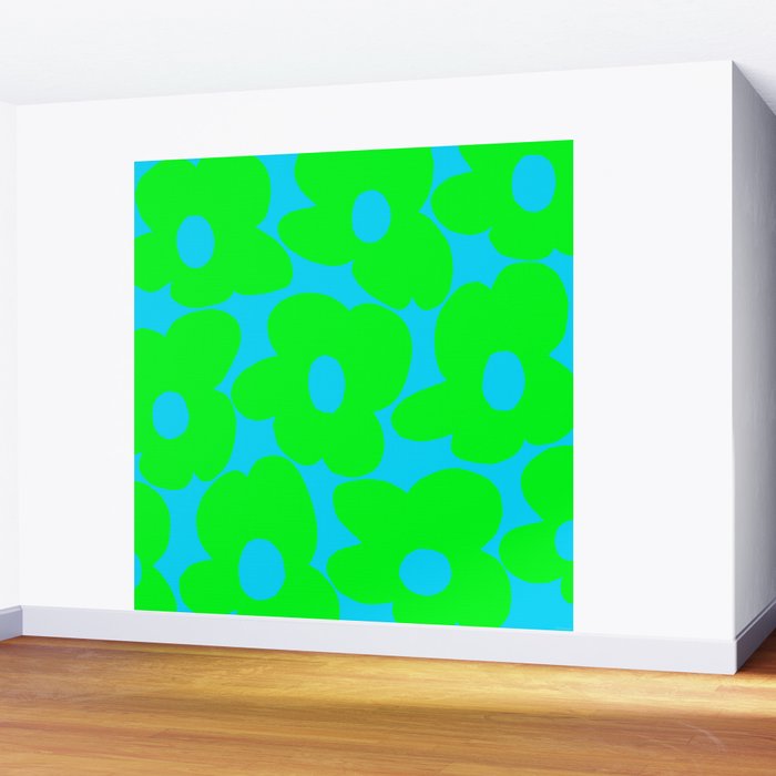 Large Retro Flowers Neon Green Petals Turquoise Background Summer Vibes #decor #society6 #buyart Wall Mural Gallery Image 2