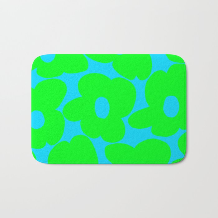 Large Retro Flowers Neon Green Petals Turquoise Background Summer Vibes #decor #society6 #buyart Bath Mat Gallery Image 1