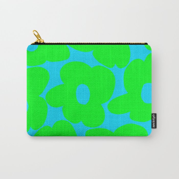 Large Retro Flowers Neon Green Petals Turquoise Background Summer Vibes #decor #society6 #buyart Carry All Pouch Gallery Image 1