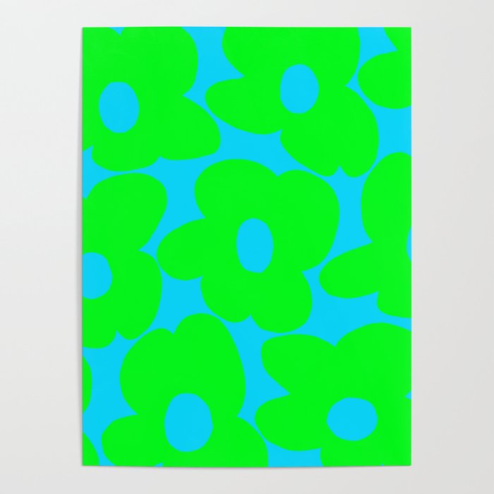 Large Retro Flowers Neon Green Petals Turquoise Background Summer Vibes #decor #society6 #buyart Poster Gallery Image 1