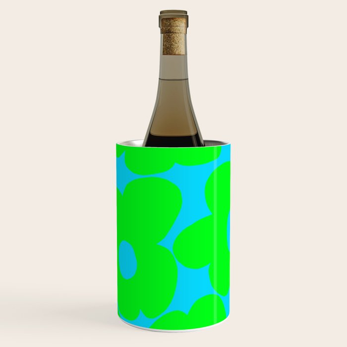 Large Retro Flowers Neon Green Petals Turquoise Background Summer Vibes #decor #society6 #buyart Wine Chiller Gallery Image 2