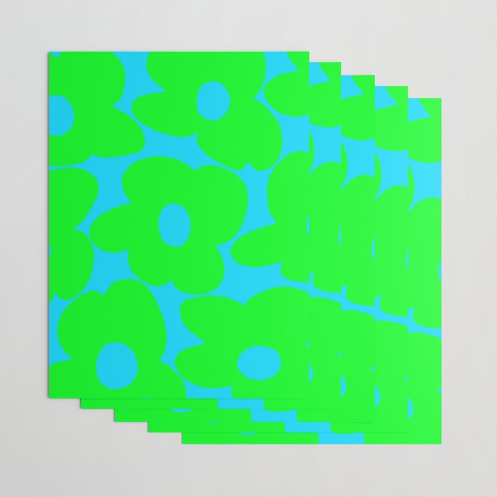 Large Retro Flowers Neon Green Petals Turquoise Background Summer Vibes #decor #society6 #buyart Wrapping Paper Gallery Image 3