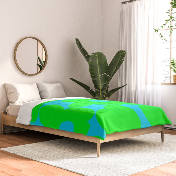 Large Retro Flowers Neon Green Petals Turquoise Background Summer Vibes #decor #society6 #buyart Comforter Gallery Image 2