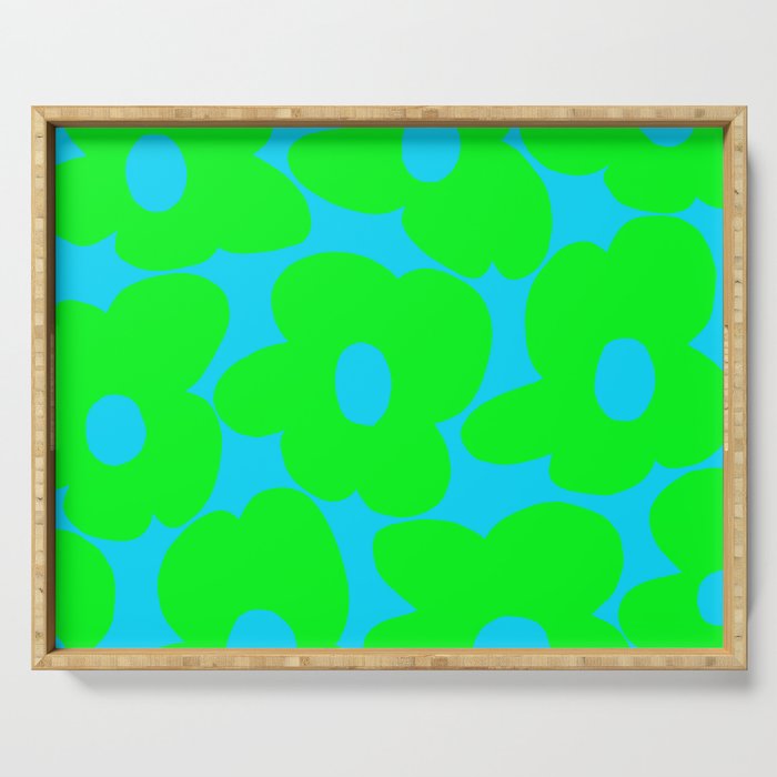 Large Retro Flowers Neon Green Petals Turquoise Background Summer Vibes #decor #society6 #buyart Serving Tray Gallery Image 1