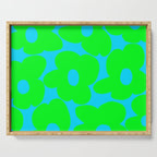 Large Retro Flowers Neon Green Petals Turquoise Background Summer Vibes #decor #society6 #buyart Serving Tray Gallery Image 1